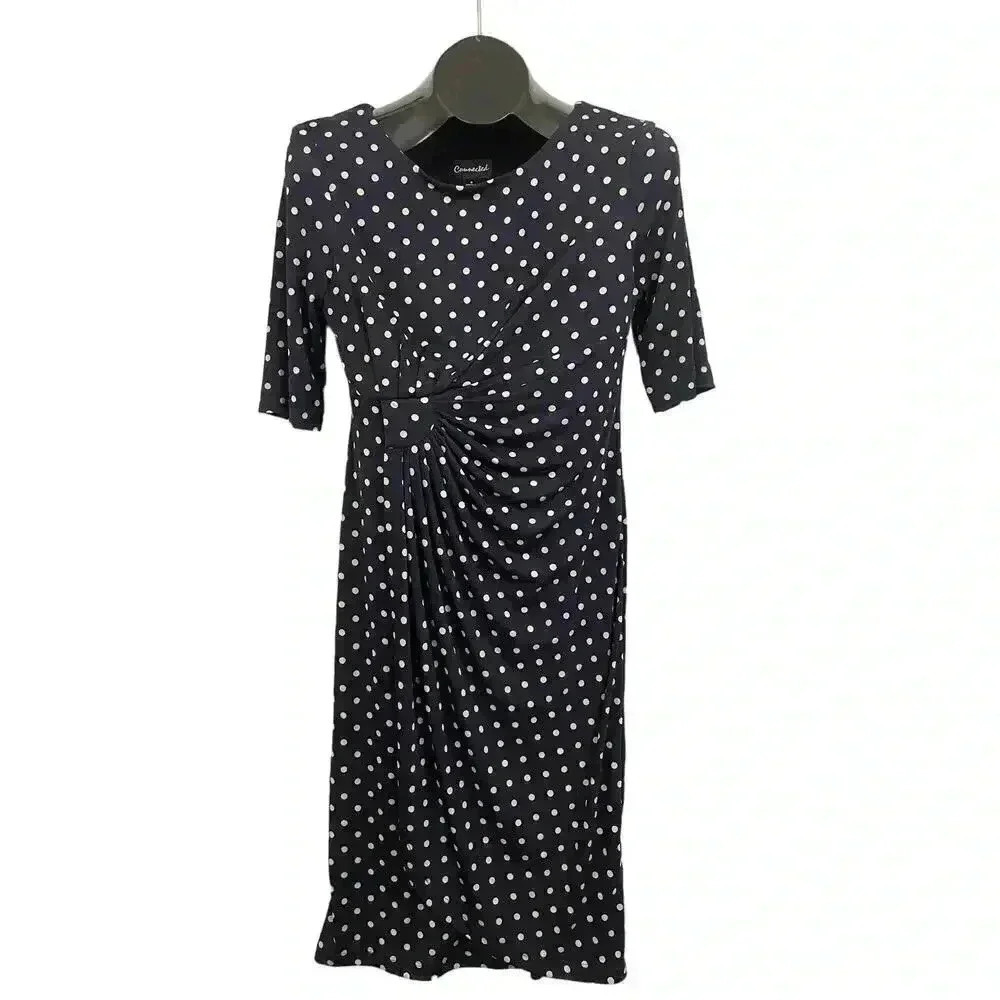 Dark‎ Blue Polka Dot Sheath Wrap Dress  Jersey Connected Apparel Sz 6